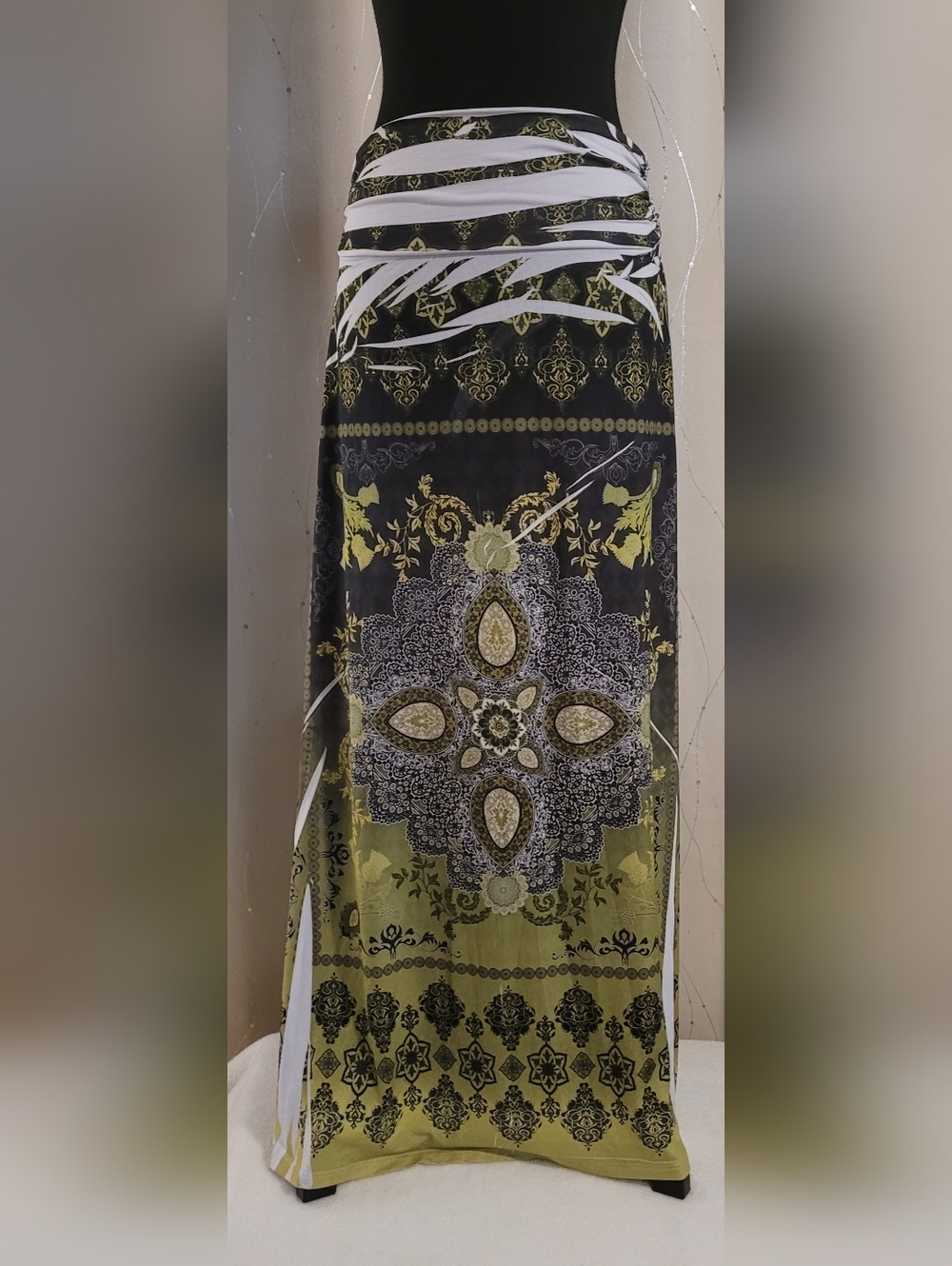 Misomiso Vintage Y2K Mandala Scarf Print Ruched Maxi Skirt Size L